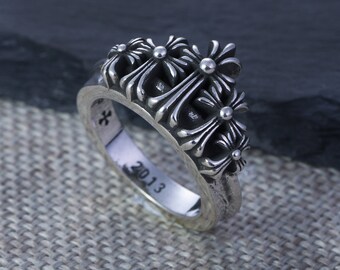 Chrome Hearts Crown  Double Cross Flower Ring, Vintage INS Couple Ring, Unisex Ring, Forever Love Silver Ring  Gothic Style