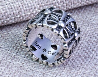 Chrome Hearts Style Ingelegde Zwarte Zirkoon Begraafplaats Dubbele Kruisbloem Zilveren Ring, Vintage Paar Unisex Mannen Vrouwen Forever Love Ringen