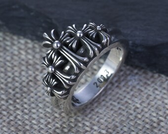 Kroon Chrome Hearts Style Double Cross Flower Zilveren Ring, Vintage INS Paar Ring, Unisex Ring, Forever Love Ring