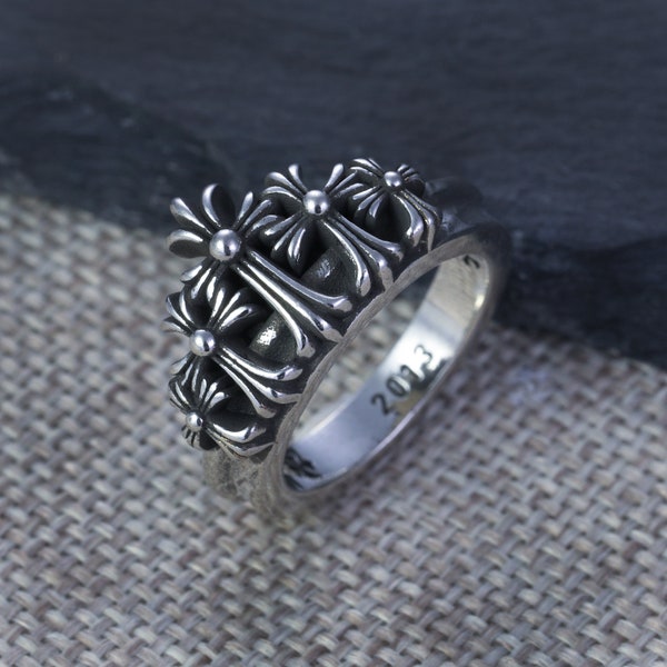 Crown Chrome Hearts Style Double Cross Flower Silver Ring, Vintage INS Couple Ring, Unisex Ring, Forever Love Ring