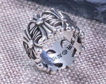 Anello in argento con fiore a doppia croce in stile cuori cromati, anello per coppia INS vintage, anello unisex, anello per sempre amore