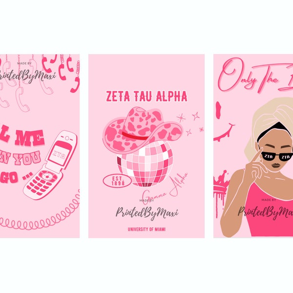 3 CUSTOM SORORITY POSTERS - Zeta Tau Alpha | Digital Download | Sorority Wall Hangings | Pink Dorm Decor