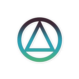 May include: A round sticker featuring a gradient design of teal, blue, and purple. The sticker has a white border and a central triangle within a circle. The design is simple and modern, suitable for various applications.