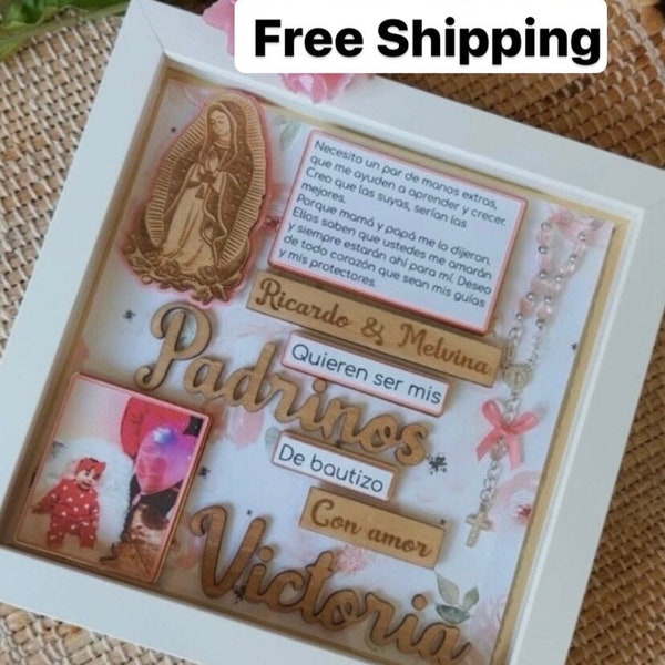 Baptism Proposal Shadow Box, Flower Shadow Box, Catholic Gift, Cuadro para Padrinos de Bautizo, Virgen De Guadalupe, Rosario, Padrinos Gift