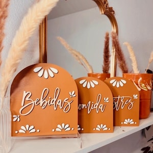 K&ouml;nnte beinhalten: Drei terracottafarbene, gew&ouml;lbte Schilder mit wei&szlig;en Blumenmustern und wei&szlig;en Schriftz&uuml;gen. Die Schilder zeigen "Bebidas", "Comida" und "Stress".