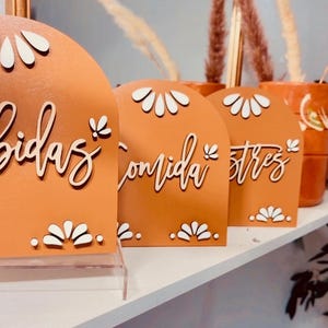 K&ouml;nnte beinhalten: Drei terracottafarbene, bogenf&ouml;rmige Schilder mit wei&szlig;en Blumenmustern und wei&szlig;en Schriftz&uuml;gen. Die Schilder zeigen "Bebidas", "Comida" und "Postres".