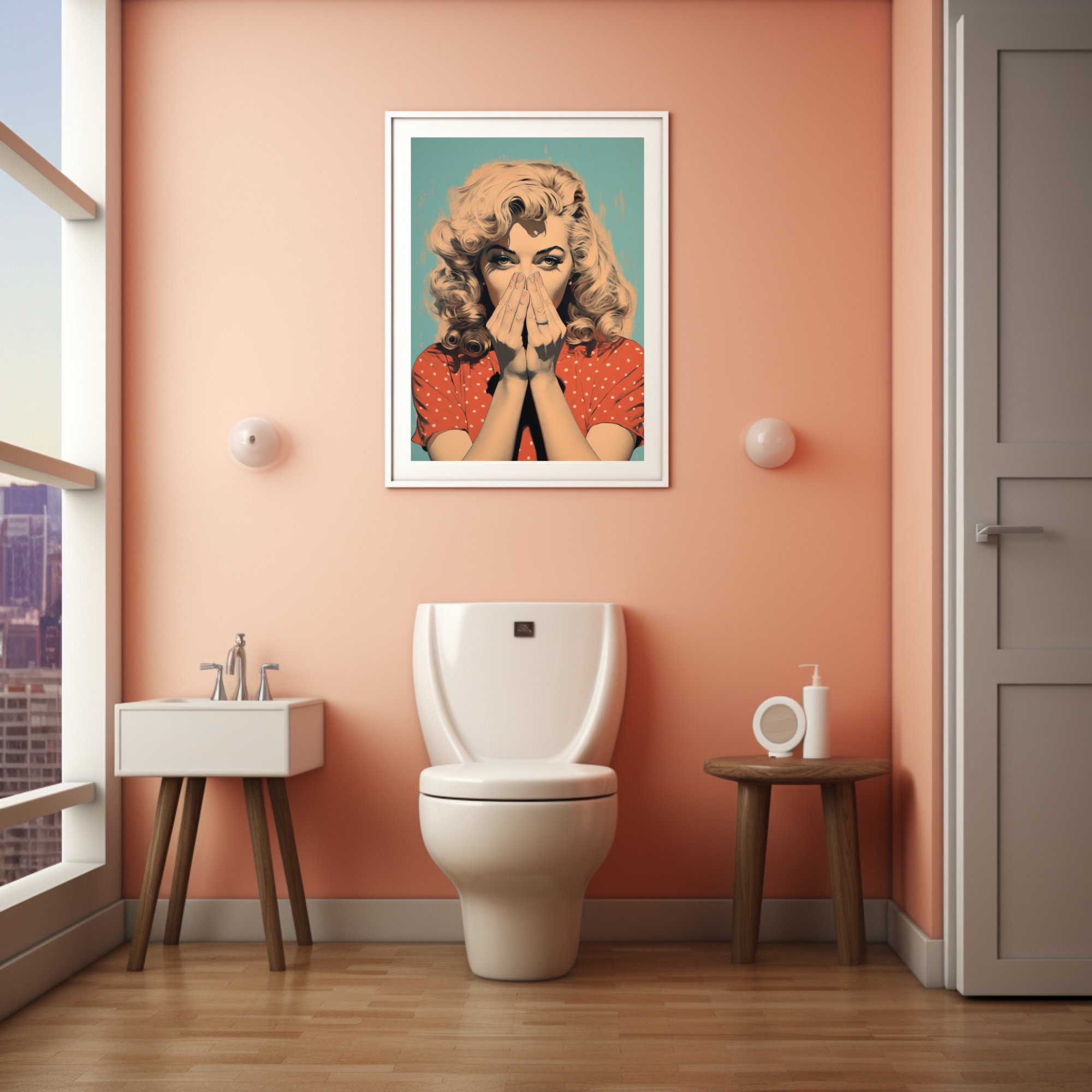 Funny Bathroom Wall Art Printable Retro Lady Painting Toilet Wall Decor Vintage Midcentury ...