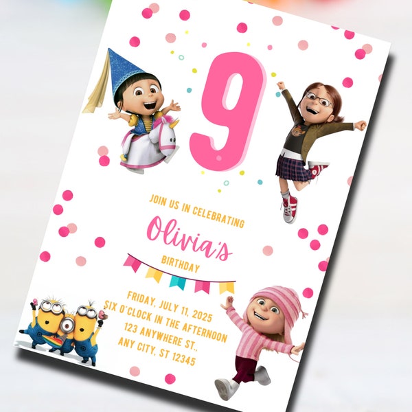 Editable birthday invitation on Canva, minions themed birthday invitation, girl's birthday invitation, girl party