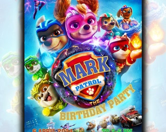 Bewerkbare verjaardagsuitnodiging op Canva, verjaardagsuitnodiging voor meisjes en jongens, paww patrouille, Paww Patroll Mighty Movie themafeest, Paw-ty