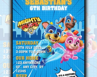 Editable birthday video invitation on Canva, birthday invitation for girls and boys, paww patroll, Paww Patroll Mighty Movie themed party, Paw-ty