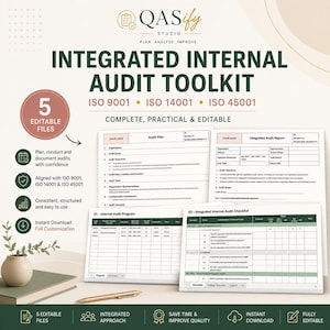 Op de afbeelding: Een geïntegreerde interne audit toolkit met vijf bewerkbare bestanden voor ISO 9001, ISO 14001 en ISO 45001 normen. De documentenset bevat een auditplan, geïntegreerd auditrapport, intern auditprogramma en een interne audit checklist.