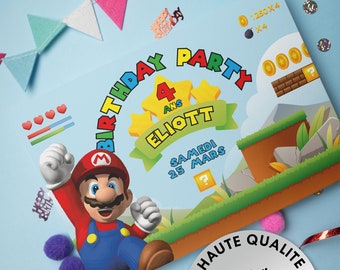 Carton invitation anniversaire pour enfant Super Mario à imprimer MODIFIABLE, fête d'anniversaire enfant recto verso personnalisable