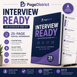 Pode incluir: Um manual digital de 25 páginas para preparação de entrevistas de emprego intitulado Interview Ready da PageDistrict. A capa azul-escura e roxa apresenta ícones de pasta, lupa, balões de fala e envelope, com o texto Prepare, Practice, Confidence.