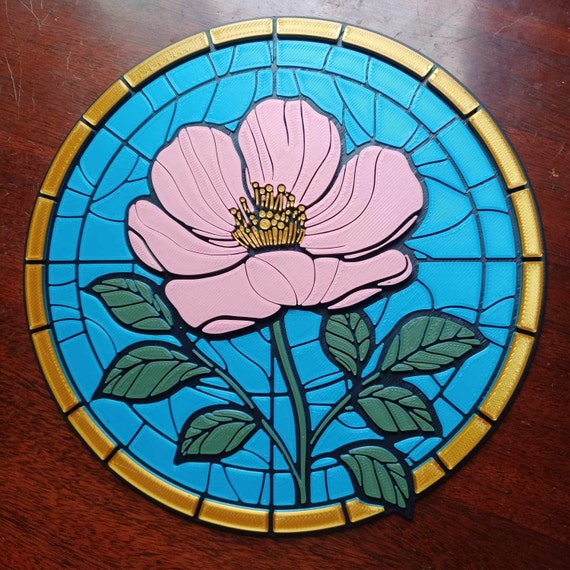Albertan Wild Rose Wall Plaque - 25cm Stained Glass Style, 3D Printed Indoor Decor