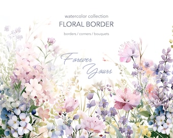 Clipart floreale acquerello - Fiori selvatici - Clipart matrimonio - Clipart bordo floreale - Clipart acquerello - Clipart fiori selvatici