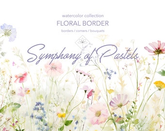 Watercolor Floral Clipart - Pastel Wild Flowers - Wedding Clipart - Floral Border Clipart - Watercolor Clipart - Wild Flowers Clipart