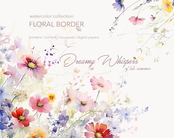 Clipart floreale acquerello - Fiori selvatici - Clipart matrimonio - Clipart bordo floreale - Clipart acquerello - Clipart fiori selvatici