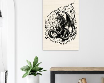 Monochrome Dragon Wood Print | Fantasy RPG Game Room Decor