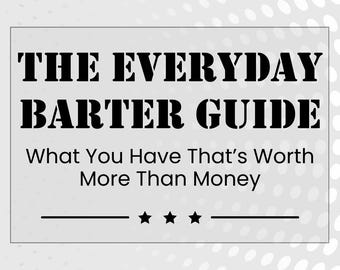 May include: Black and white text on a gray background with a white polka dot pattern. The text reads "THE EVERYDAY BARTER GUIDE What You Have That's Worth More Than Money".