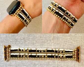 Black, White & Gold Apple Watch Band, 14k Gold-Plated Tarnish Resistant Beaded Smart Watch Band, Layered Bracelet Stack Watch Band