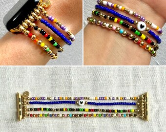 Unity Apple Watch Band, 18k Gold Plated Tarnish Resistant Beaded Smart Watch Band, Social Justice Blue Friendship Bracelet Apple Watch Band