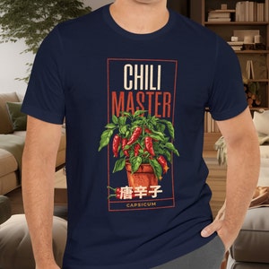 Chili master design with orange text and a chili plant, chili fruits and japanese text japanese Typography / text, unisex t-shirt, chili tee