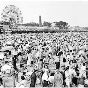 Coney Island People On Beach New York Photo Print Art Vintage Old Brooklyn Ferris Wheel 1946 Black & White Wall Decor Art Picture Sand