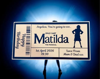 Personalised Matilda Keepsake Ticket Voucher, Surprise Customised Gift Card. Foil Ticket, Theatre