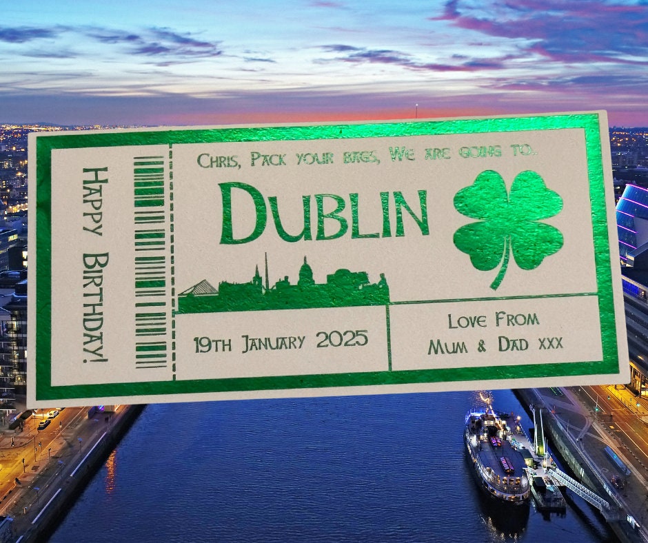 Personalised Dublin Vacation Keepsake Ticket Voucher, Surprise Customised Gift Card, Musical Concert, Foil Ticket
