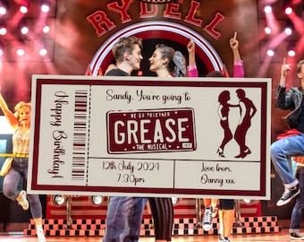 Personalised Grease Musical Keepsake Ticket Voucher, Surprise Customised Gift Card, Foil Ticket, Theatre Show