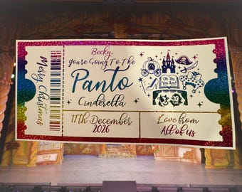 Personalised Panto Reveal Keepsake Ticket Voucher, Surprise Customised Gift Card, Foil Ticket, Magic Ticket