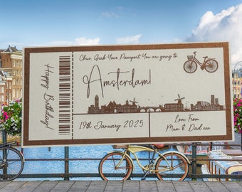 Personalised Amsterdam Travel Surprise Keepsake Ticket Voucher, Surprise Customised Gift Card
