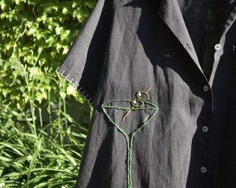 Hand-Beaded Martini Camp Shirt, Blanket Stitch Embroidery (M/L)