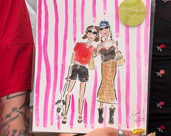 May include: A watercolour illustration print featuring two figures standing together with a small dog against a background of vertical hot pink stripes. The figures wear casual clothing, sunglasses, and hats. A green circular sticker reads murray st studio.