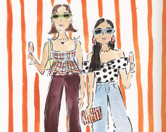 May include: A watercolour illustration of two figures against an orange striped background. The left figure wears a plaid top, dark flared trousers, and green sunglasses. The right figure wears a polka dot top, light blue jeans, and blue sunglasses.