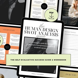 May include: A digital guide titled "The Human Design SWOT Analysis Guide" with a green and white background. The guide is a self-evaluative guide for soul-led professionals and entrepreneurs to activate and accelerate success. The guide includes a workbook with sections for reflections, manifestos, and projectors.