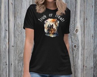 T-shirt da donna Dolcetto o scherzetto Casa stregata, Acquerello spettrale, Casa stregata di Halloween