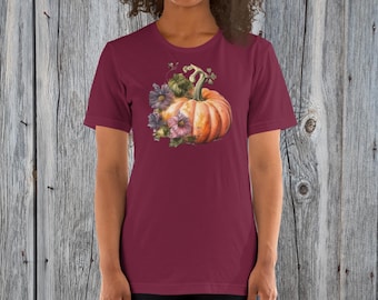 T-shirt da donna con grafica autunnale con zucca e fiori, zucca arancione con fiori viola