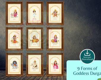 9 Forms of Durga Art: Navratri Goddess Digital Prints (Digital Download)