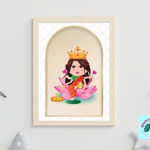 May include: A framed illustration of a Hindu goddess, Lakshmi, depicted as a cartoon character. She is wearing a red and gold sari, a crown, and holding a pot of gold. She is sitting on a pink lotus flower with gold coins scattered around her.