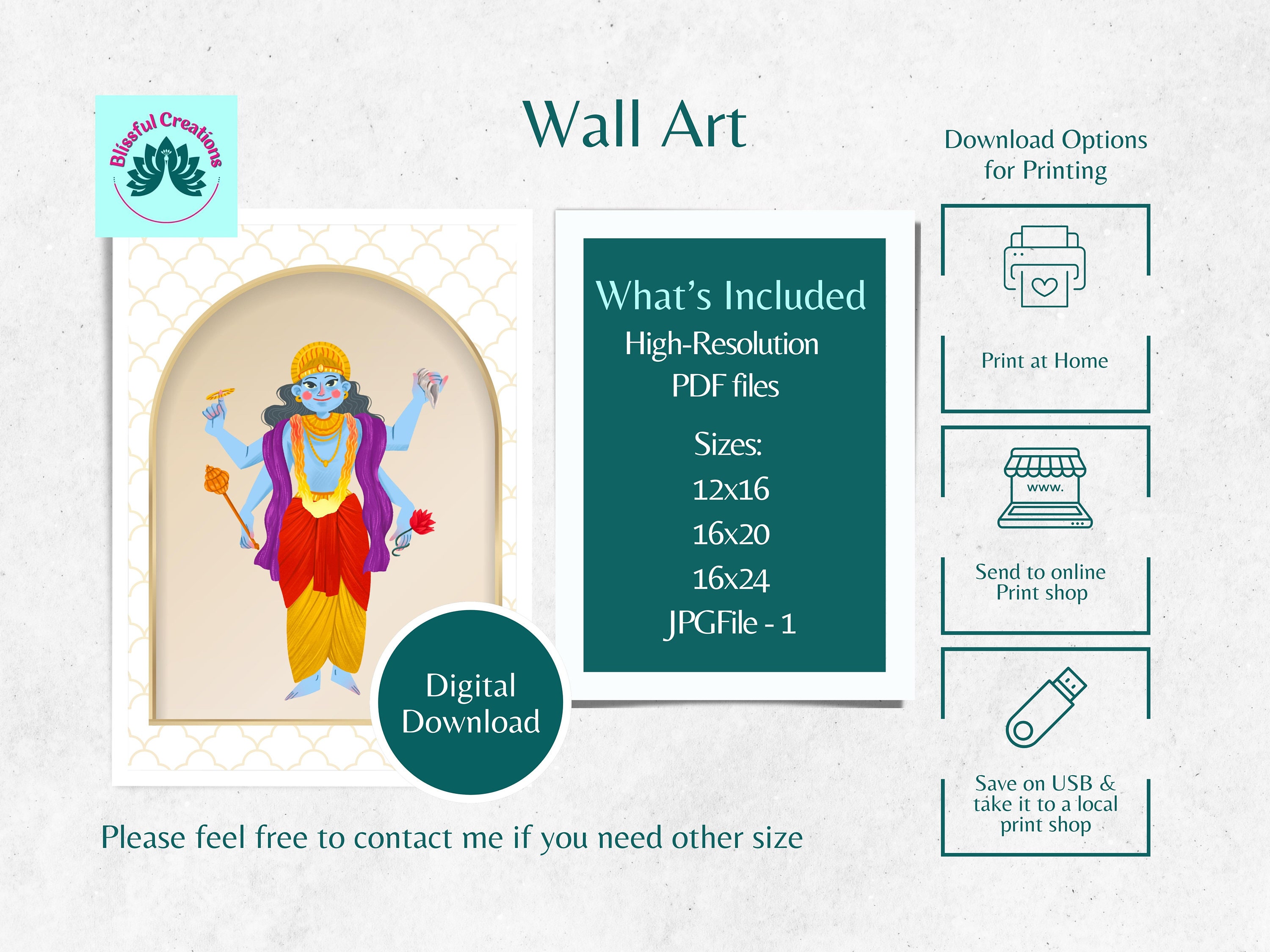 Lord Vishnu Wall Art | Lord Vishnu Printable Wall Decor | Lord Vishnu ...