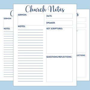 Church Notes | Printable file, digital download | scripture notes, sermon notes, key points, church speaker, questions and reflections