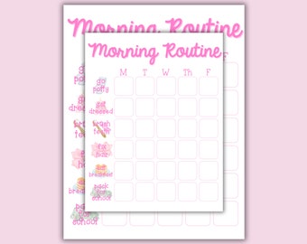 Tabella della routine mattutina per bambini – Lista di controllo giornaliera stampabile rosa per bambini piccoli e bambini – Download digitale