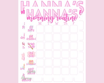 Tabella personalizzata per la routine mattutina dei bambini - Lista di controllo giornaliera stampabile rosa per bambini piccoli e ragazzi - Download digitale