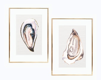 Watercolor Oyster Art Printable Digital Watercolor Artwork on Linen Look Paper 8 x 10 Digital Download Artwork Coastal Art Set of 2