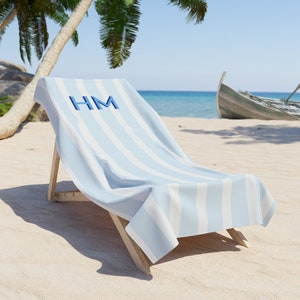 Blue Stripe Personalized Beach Towel Shadow Monogram Beach Towel