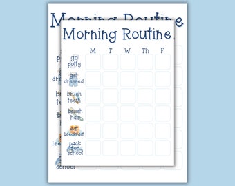 Cuadro de rutina matutina azul / Archivo imprimible, descarga digital / Cuadro de rutina matutina para niños, lista de verificación matutina, tareas diarias fáciles para niños