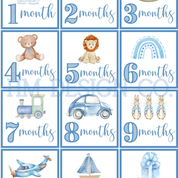 Baby Boy Milestone Cards | Printable file, digital download | 13 cards, 1 week - 1 year, blue milestone cards, minimalist milestone cards