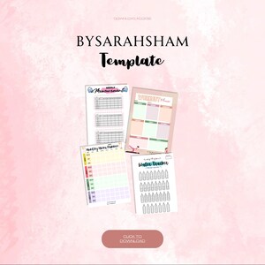 May include: A set of printable planner templates in pink, green, and blue colors. The templates include a weekly measurement tracker, a monthly meal planner, a weekly planner, and a water tracker. The text "BYSARAHSAM Template" is at the top of the image.