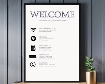 Welcome Sign Template, Airbnb, VRBO, Apartment Printable, Digital Download, Canva Editable, Wifi, House Rules, Checkout, A4,